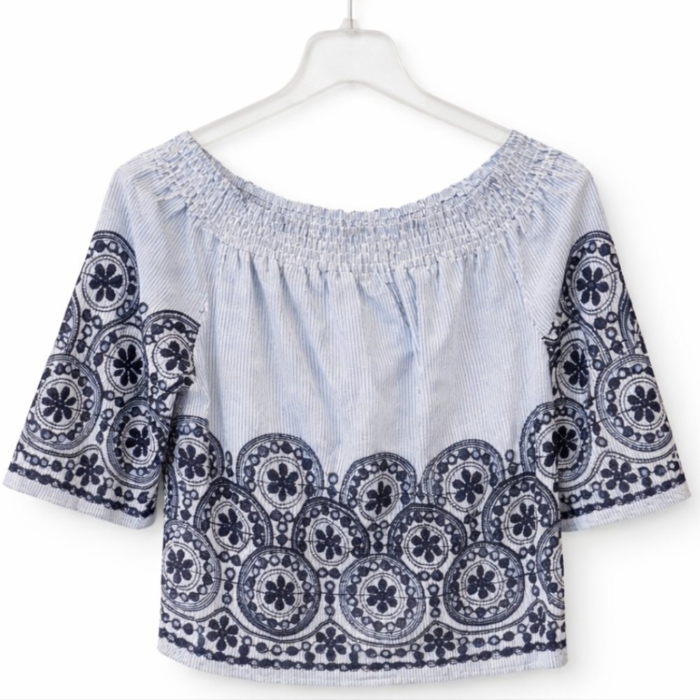 Unique Spectrum Blue White Boho Embroidered Off-Shoulder Peasant Top Sz XL